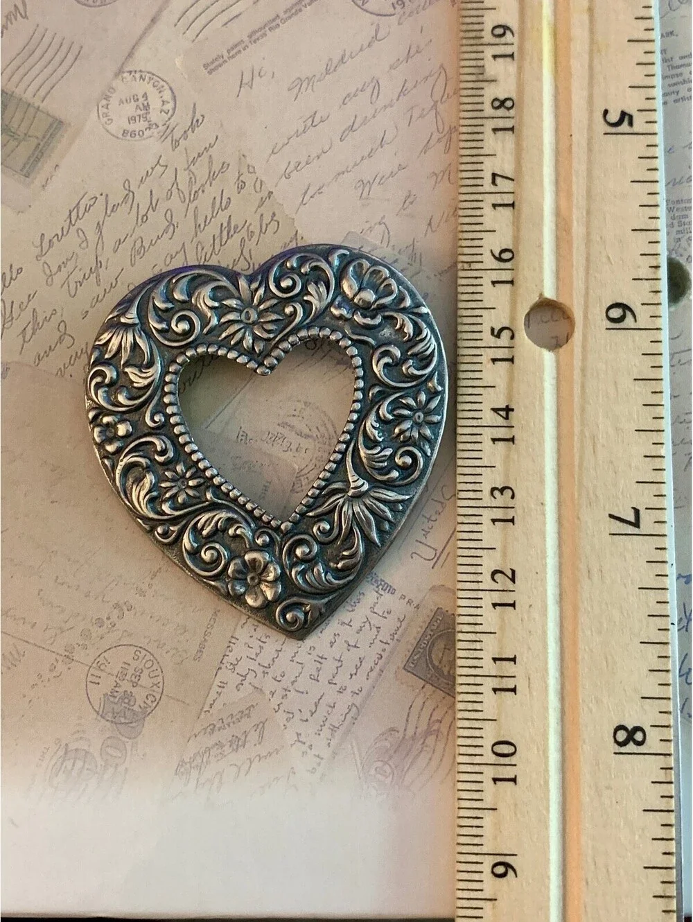 Vintage Antiqued Floral Scrollwork Open Heart Brooch